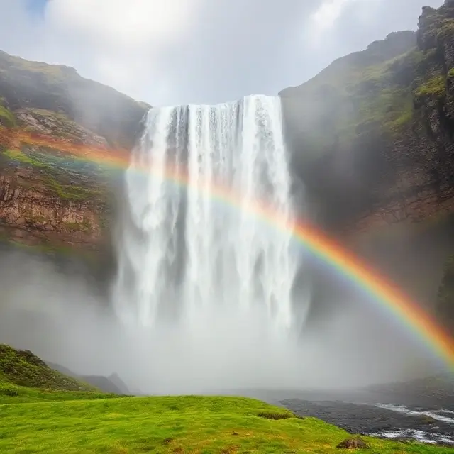The powerful Skógafoss waterfall in southern Iceland with a rainbow in its mist.
