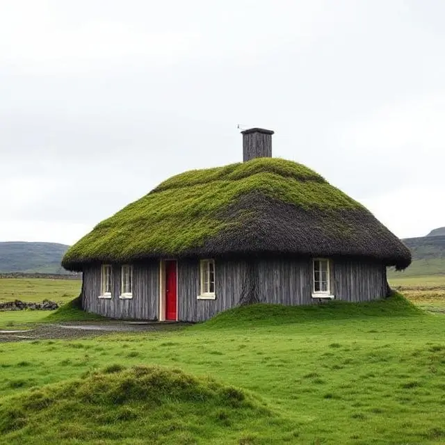 A traditional Icelandic turf-roofed house nestled in a green landscape, representing Iceland's deep heritage.