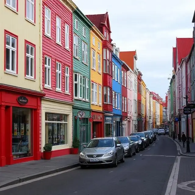 A colorful street view of Reykjavik's city center.
