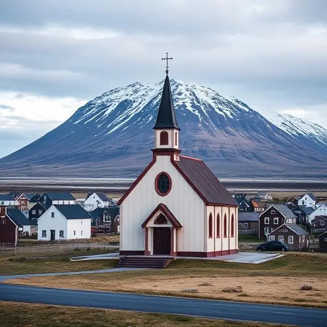 The iconic church in the town of Vík with a mountain backdrop on Iceland's south coast.