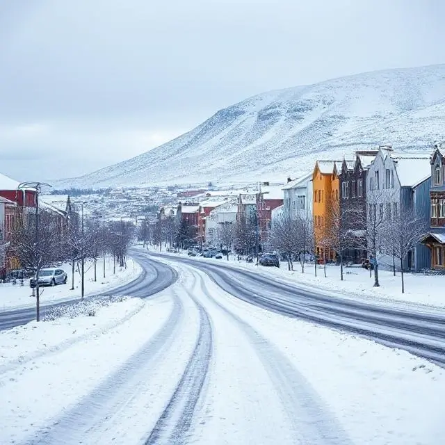 A snowy winter scene in the city of Akureyri, the capital of North Iceland.