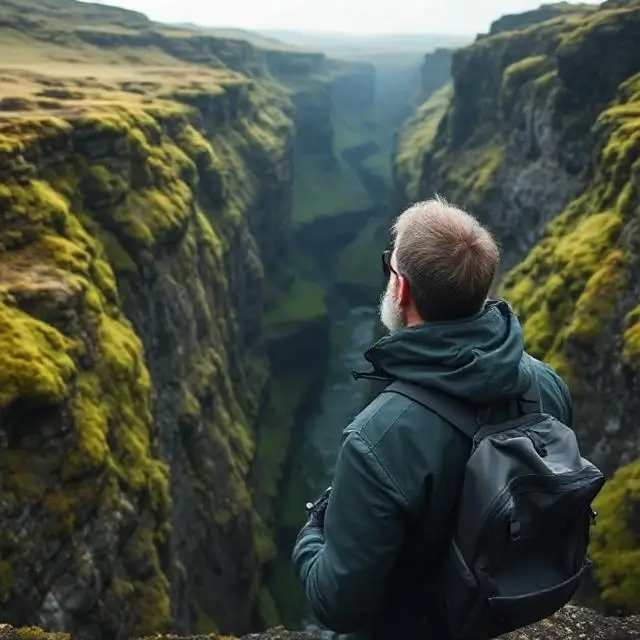 An experienced guide looking out over a vast, mossy Icelandic canyon, embodying thoughtful connection with nature.