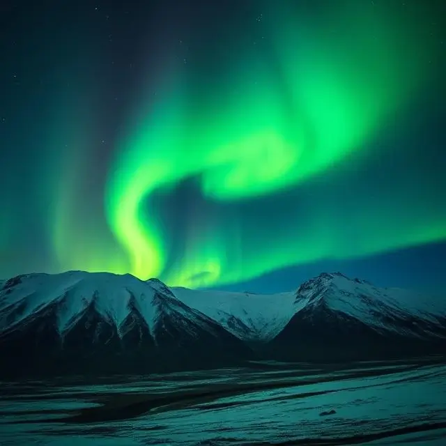Vibrant green Northern Lights dancing over snow-capped mountains in Iceland.