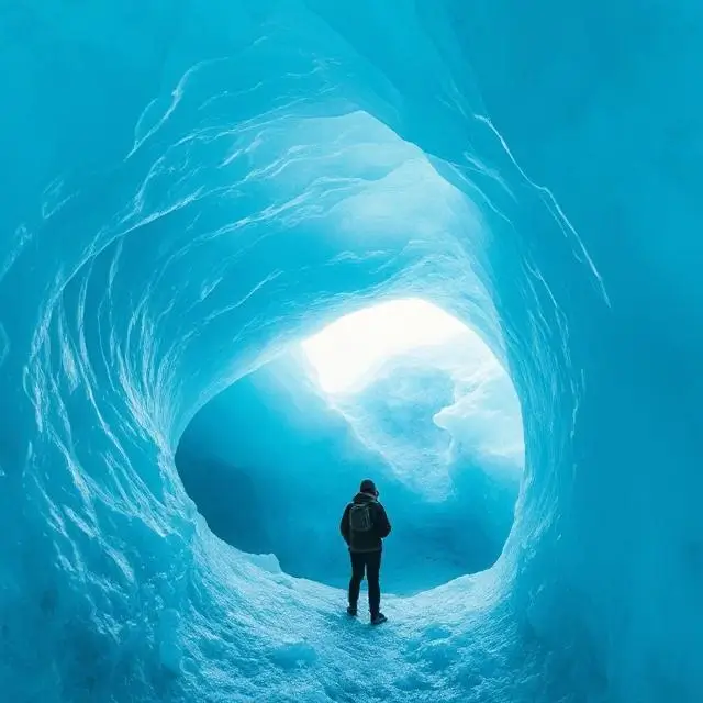 A person exploring the inside of a crystal blue ice cave in a glacier.