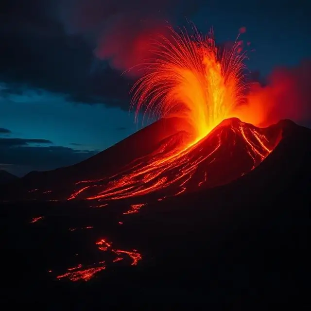 A dramatic volcanic eruption at night with glowing lava flows.