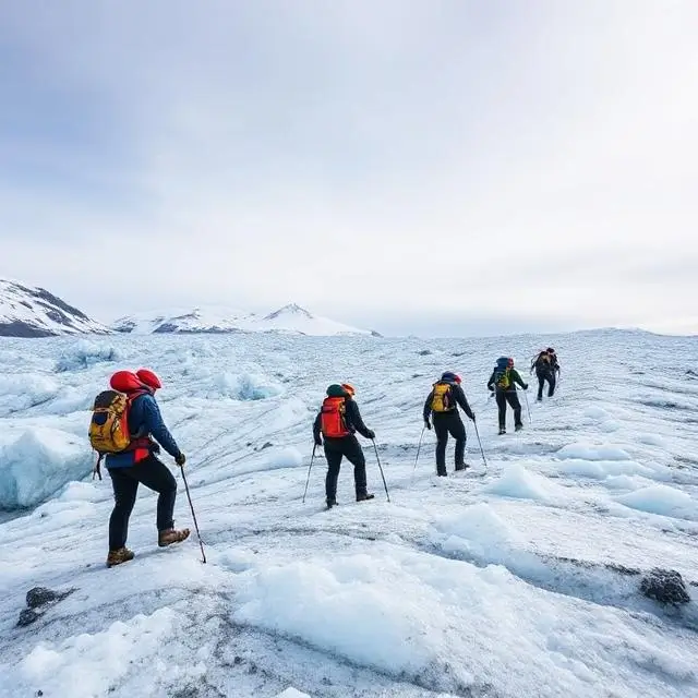A team of hikers with safety gear traversing a glacier in Iceland.