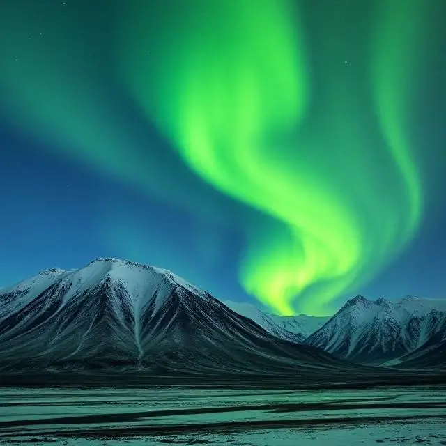 Vibrant green Northern Lights dancing over snow-capped mountains in Iceland.