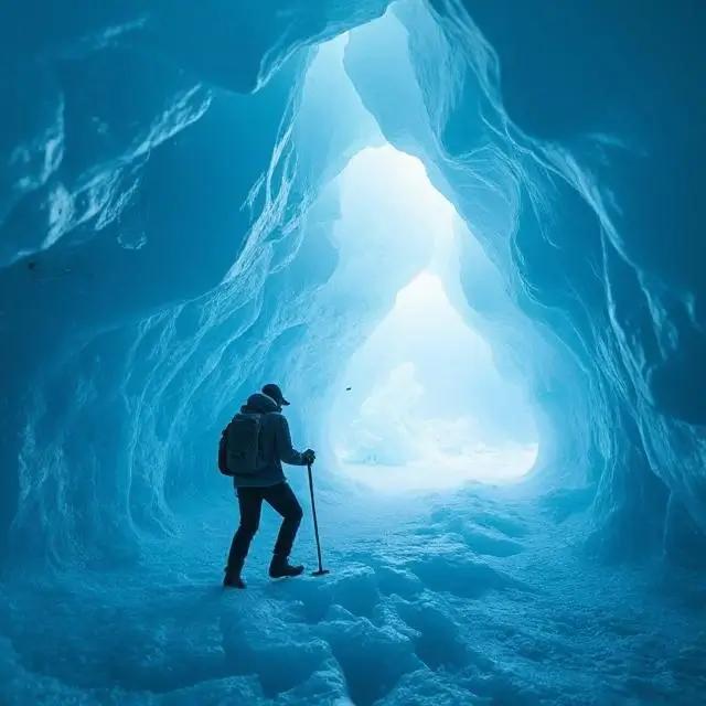 A person exploring the inside of a crystal blue ice cave in a glacier.