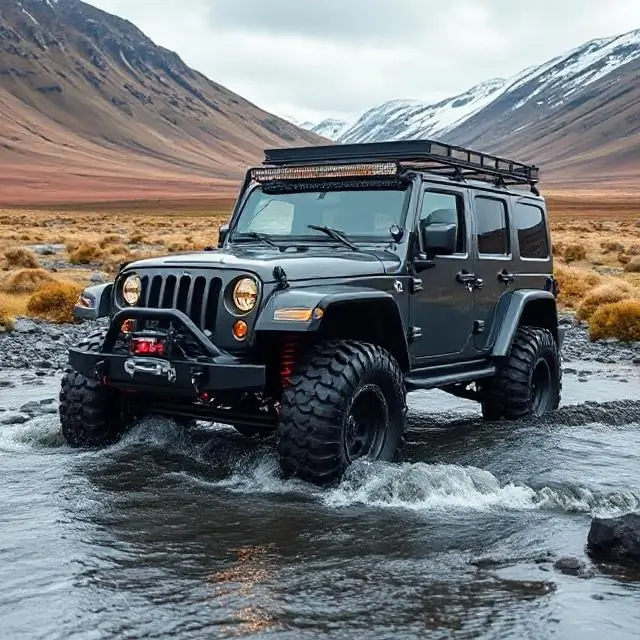 A modified 4x4 Super Jeep crossing a river in the Icelandic Highlands.