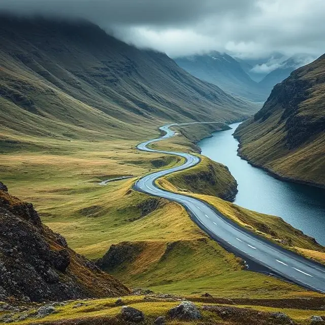 A winding road through a dramatic Icelandic fjord landscape.