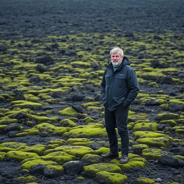 An experienced Icelandic guide standing in a vast, moss-covered lava field.